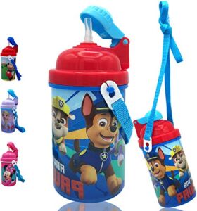 Zak Designs Paw Patrol One Touch Button Water Bottles with Reusable Built in Straw, Carrying Strap – Safe Approved BPA Free, Easy to Clean, for Kids Girls Boys, Goodies, Home, Travel