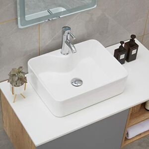 PetusHouse Bathroom Vessel Sink and Pop Up Drain Combo, Rectangle Above Counter White Porcelain Ceramic Bathroom Vessel Vanity Sink Washing Art Basin