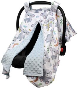 Baby Car Seat Canopy Cover – Baby Koala Bears & Butterflies with Light Blue Minky Dot