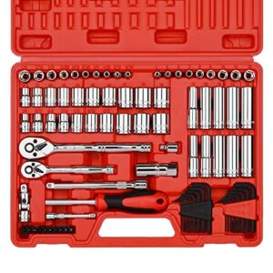 CASOMAN 1/4-Inch & 3/8-Inch Drive SAE and Metric Socket Set Standard and Deep Sizes with Ratchet Extension Bars and Universal Joint 83-Pieces 1/4″ Drive and 3/8″ Dr. Socket Super Set