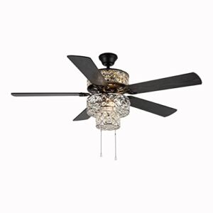 River of Goods Triple-Tiered LED Ceiling Fan with Crystal Chandelier – 52″ L x 52″ W – Mahogany / Antique Black Fan Blades