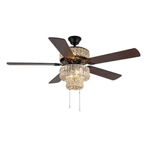 River of Goods Crystal Double-Lit LED Ceiling Fan – 52″ L x 52″ W – Mahogany / Antique Black Fan Blades