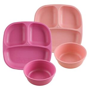 Re-Play Made in USA 4pk Starter Dining Set of 2 Divided Plates with 2 Matching Bowls in Bright Pink and Ice Pink. Made from Eco Friendly Heavyweight Recycled Milk Jugs – Virtually Indestructible!