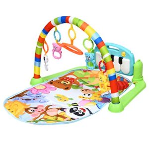BABY JOY Baby Play Mat, Kick and Play Gym with Detachable Piano, Foot Gym Carpet Piano Fitness Rack, 4 Rattle Pendants and 1 Mirror, Ideal for Baby Room (Rainbow)