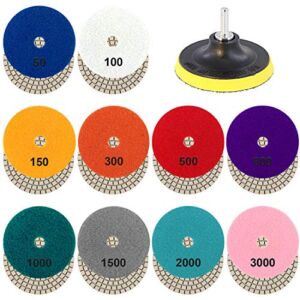 Glarks 4 Inch 10 Pads 50 to 3000 Grit Wet Diamond Polishing Pads and Hook and 4 Inch Loop Backing Holder Disc with 1/4 Inch Shank Set for Granite, Stone, Concrete, Marble, Travertine Polishing