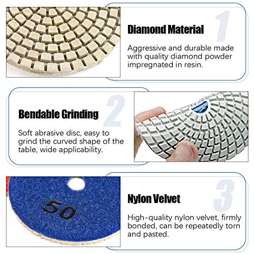Glarks 4 Inch 10 Pads 50 to 3000 Grit Wet Diamond Polishing Pads and Hook and 4 Inch Loop Backing Holder Disc with 1/4 Inch Shank Set for Granite, Stone, Concrete, Marble, Travertine Polishing | The Storepaperoomates Retail Market - Fast Affordable Shopping