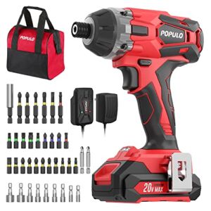 POPULO Impact Driver Kit, 1770 in-lbs 20V Max Lithium Ion Cordless 1/4″ Hex Impact Drill, 39 Piece S2 Impact Drive Bits,0-2900RPM Variable Speed, 2.0 Ah Li-ion Battery,Fast Charger.