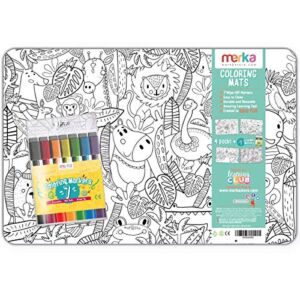 merka Drawing Pad for Kids Placemat 4 Mats with 7 Markers Jungle Space Sea Unicorns Learning Placemat for The Dining and Kitchen Table for Kids and Toddlers Ages 2-6
