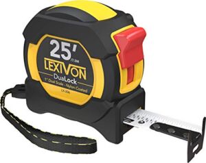 LEXIVON 25Ft/7.5m DuaLock Tape Measure | 1-Inch Wide Blade with Nylon Coating, Matt Finish White & Yellow Dual Sided Rule Print | Ft/Inch/Fractions/Metric (LX-206)