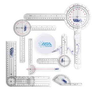 ASA TECHMED Goniometer Complete Set 6 Pieces + Body Measuring Tape – Physical Therapy, Occupational Therapy, Fitness, Medical Protractor Angle Ruler 12/8/6 Inches
