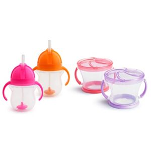 Happy Snacker Snack Catcher and Toddler Weighted Straw Sippy Cup Set, 4 Count, Pink/Purple/Orange