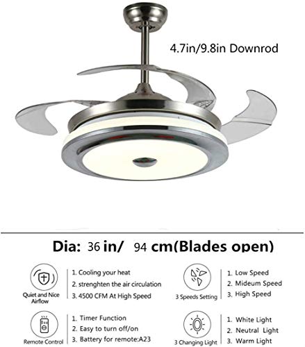 Southerns Lighting 36 Inch Modern Invisible Ceiling Fans with Light Retractable Blade Modern Reversible Ceiling Fan Chandelier Remote Control Fan Lights for Living Room Bedroom Fan (Silver-03) | The Storepaperoomates Retail Market - Fast Affordable Shopping