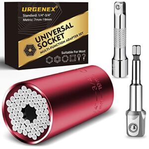 URGENEX Universal Socket Gift For Men – 3Pcs Universal Socket (7-19mm) Grip Tool Wrench Sets Repair Kit with Power Drill & Ratchet Wrench Adapter Gift For Dad, Boyfriend, Husband, Diy Handyman Red