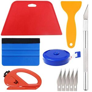 Wallpaper Smoothing Tool Kit Include red Squeegee,Medium-Hardness Squeegee, blue Tape Measure,snitty Vinyl Cutter and Craft Knife with 5 Replacement Blades for Adhesive Contact Paper Application Win