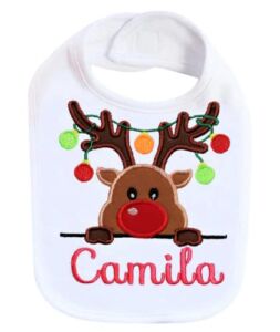 1st Christmas ever Unisex Bib with Holiday Reindeer Personalized with Baby Custom Name (White Bib)
