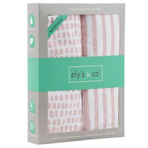 Ely’s & Co. Patent Pending Waterproof Changing Pad Cover Set | Cradle Sheet Set by Ely’s & Co no Need for Changing Pad Liner Mauve Pink Splash & Stripe 2 Pack for Baby Girl