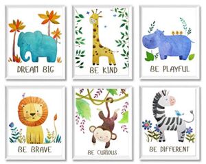 Baby Nursery Decor – Jungle Safari Animal Unframed Wall Art -Set of 6 Posters 8×10 – Lion, Giraffe, Elephant, Monkey, Zebra, Hippo with Inspirational Quotes for Boy Girl Kids