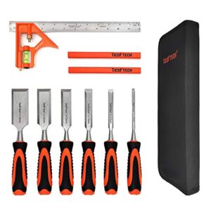 TICOFTECH 9 Pieces Wood Chisel Set, 6 Wood Chisels in Heated Tread Cr-V Alloy with 1 Combination Square and 2 Carpenter Pencil,Woodworking tools and accessories