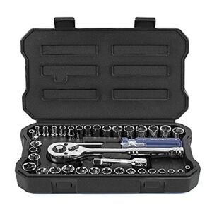 WORKPRO 39-Piece Drive Socket Wrench Set, 1/4-Inch & 3/8-Inch Small Sockets Set, 3/8″ Ratchets, Extensions, Spinner Handle & Adapter, Mechanics Tool Set with Tool Box, for Repairing, Metric and SAE