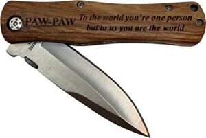 PawPaw – to the world you’re one person but to us you are the world Stainless Steel Folding Pocket Knife with Clip, Wood