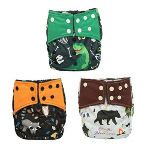 AIll in One Night AIO Cloth Diaper Nappy Sewn in Insert Reusable Washable Boys (Dinosaur Bear Racoon)