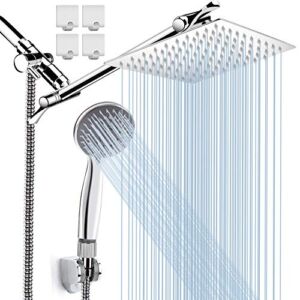 8” High Pressure Rainfall Shower Head / Handheld Shower Combo with 11” Extension Arm, Height/Angle Adjustable, Stainless Steel Bath Shower Head with Holder, 1.5M Hose, Chrome, 4 Hooks