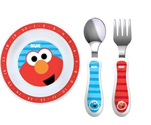 NUK Sesame Street Bowl Plate, Fork and Spoon Set in Red and Blue (Bundle of 3)