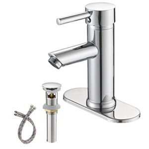 Greenspring Bathroom Sink Faucet Chrome Commercial Single Handle One Hole Deck Mount Brass Lavatory Faucet with Cover Plate, Pop Up Drain with Overflow Included