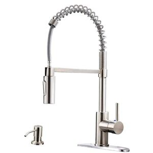 APPASO Commercial Kitchen Faucet Pull Down Sprayer with Soap Dispenser – Stainless Steel Brushed Nickel High Arc Tall Modern Single Handle Spring Kitchen Sink Faucet with Pull Out Spray