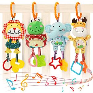 TUMAMA Baby Toys for 0, 3, 6, 9, 12 Months, Handbells Baby Rattles, Soft Plush Early Development Stroller Car Toys for Infant, Newborn Birthday Gifts, 4 Pack