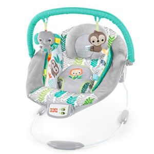 Bright Starts Jungle Vines Comfy Baby Bouncer and Vibrating Infant Seat with Taggies & Elephant and Sloth Plush Baby Toys
