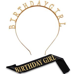 Birthday Headpiece Girl Tiara Headband Gold Birthday Satin Sash for Party Decorations Supplies (Gold)