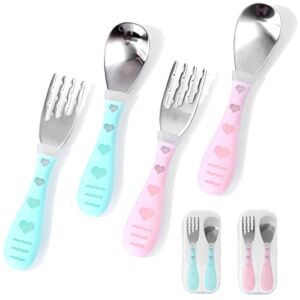 Toddler Utensils Stainless Steel Baby Forks and Spoons 2 Sets Kids Silverware Children’s Flatware Metal Cutlery Set with Round Handle 6 Pieces – 2 x Cute Forks,2 x Children Spoons，2 x Travel Cases