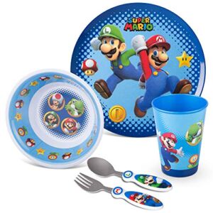 Franco Kids Dinnerware Cartoon Designed Mealtime Kitchen Set, 5 Piece Pack, Super Mario,KZ0068