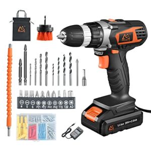 MAIBERG Cordless Drill, Electric Power Screw Gun Set with 20V 2Ah Battery, 26 Accessories, 300 In-lb Max Torque, 1.3A Charger, 3/8″ Chuck, 2 Variable Speed