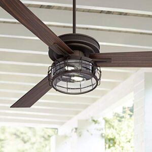 Casa Vieja 60″ Taladega Vintage Industrial Indoor Ceiling Fan with Light Kit LED Remote Control Oil Rubbed Bronze Dark Walnut Clear Seedy Glass for Living Room Kitchen Bedroom Family Dining