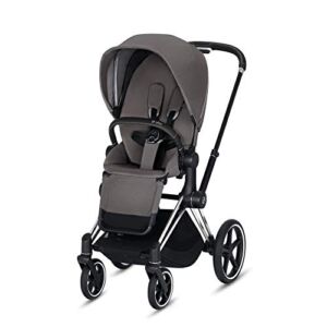 Cybex Priam 3 Complete Stroller, One-Hand Compact Fold, Reversible Seat, Smooth Ride All-Wheel Suspension, Extra Storage, Adjustable Leg Rest, Manhattan Grey with Chrome Black Frame