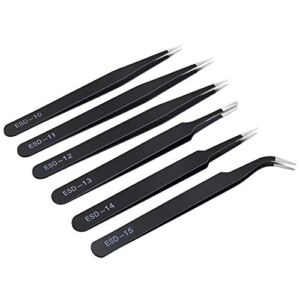 6PCS Precision Tweezers Set, Upgraded Anti-Static Stainless Steel Curved of Tweezers, for Electronics, Laboratory Work, Jewelry-Making, Craft, Soldering, etc, by kaverme.