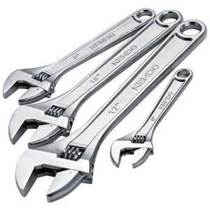 KENDO 4pcs Heavy Duty Adjustable Wrench Set – 6″, 8″, 10″ & 12″ Wrench – Drop Forged Heat Treated Chrome Vanadium Steel – Roll-up Storage Pouch Included