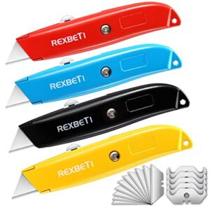 REXBETI 4-Pack Utility Knife, SK5 Heavy Duty Aluminum Shell Retractable Box Cutter Knife Sets for Cartons, Cardboard and Boxes, Extra 5PCS Hook Blades and 10PCS Trapezoid Blades Included