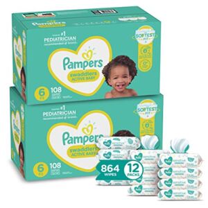 Pampers Swaddlers Disposable Baby Diapers Size 6, 2 Month Supply (2 x 108 Count) with Sensitive Water Based Baby Wipes, 12X Pop-Top Packs (864 Count)