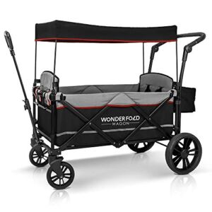 WONDERFOLD X2 Push & Pull Double Stroller Wagon (2 Seater) Featuring 5 Point Harnesses, Adjustable Push Handle, Telescopic Pull Handle, and Removable UV-Protection Canopy, Black