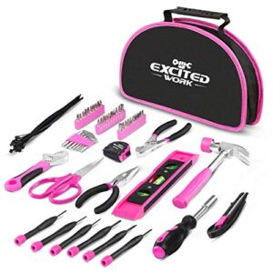 EXCITED WORK 69-Piece Pink Tool kit, Ladies Hand Tool Set with Easy Carrying Round Pouch for DIY, Home Maintenance and Dorm Repair