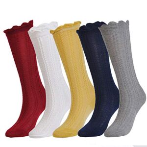 EPEIUS 5 Pairs Little Girls Cotton Uniform Knee High Socks Kids Boys Tube Ruffled Stockings for 6-8 Years,White/Grey/Navy/Yellow/Wine Red