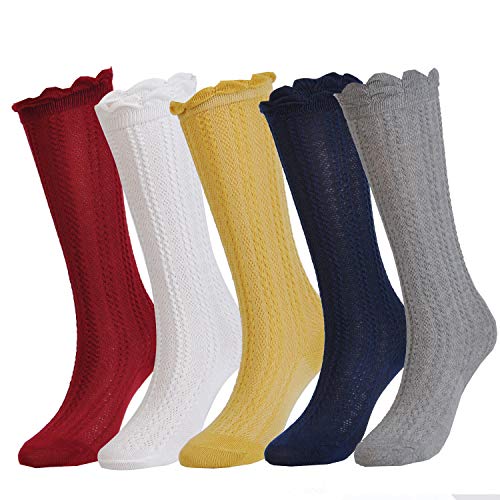 EPEIUS 5 Pairs Little Girls Cotton Uniform Knee High Socks Kids Boys Tube Ruffled Stockings for 6-8 Years,White/Grey/Navy/Yellow/Wine Red | The Storepaperoomates Retail Market - Fast Affordable Shopping
