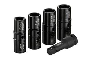 ARES 59010 – 5-Piece 1/2-inch Drive Lug Nut Flip Socket Set – Includes 17mm, 19mm, 21mm, 22mm Metric Sizes & 3/4-Inch, 13/16-Inch, 7/8-Inch, 15/16-Inch SAE Sizes – Impact Grade Chrome-Moly Steel
