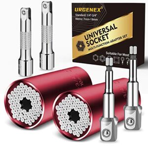 URGENEX Universal Socket 1/4″-3/4″ (7-19mm) Professional Sockets Tools 6Pcs Multi-function Wrench Repair Kit with Power Drill & Ratchet Wrench Adapter Chrome Vanadium Steel (Red)