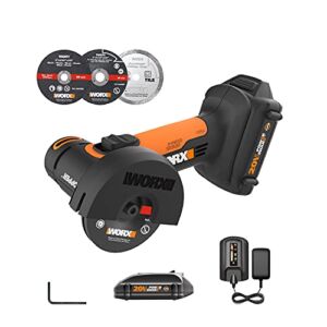 WORX Cordless Angle Grinder Tool 20V Mini Cutter 3 Inch WX801L.1 with 2 Cutting Discs Battery and Charger Included