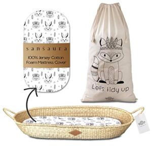 Sansaura Nursery Set – Seagrass Baby Changing Basket, Diaper Basket, with Thick Waterproof Pad & 100% Cotton Fitted Sheet, Toy Storage Bag, Woodland Designs, Shower Gift for Newborns, Boho Nursery