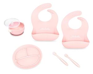 Ullabelle Suction 7 Pc Baby Feeding Set -BPA Free, 100% Food Grade Silicone- Microwave & Dishwasher Safe- 2 Silicone Bibs, 1 Suction Divided Toddler Plate, 1 Suction Bowl w/ Lid & 2 Spoons (Pink)